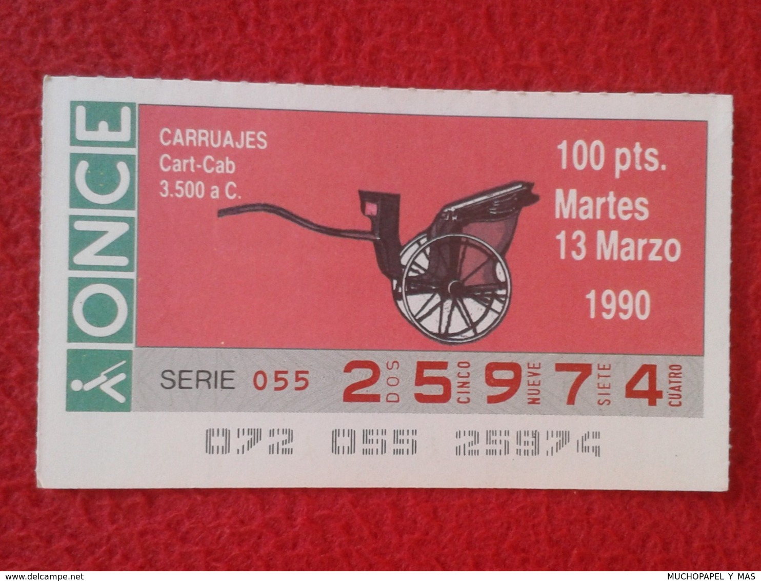 CUPÓN DE ONCE SPANISH LOTTERY LOTERIE SPAIN CIEGOS BLIND LOTERÍA CARRUAJES CARRUAJE CARRIAGE CARRIAGES CART-CAB 3.500 AC - Billetes De Lotería