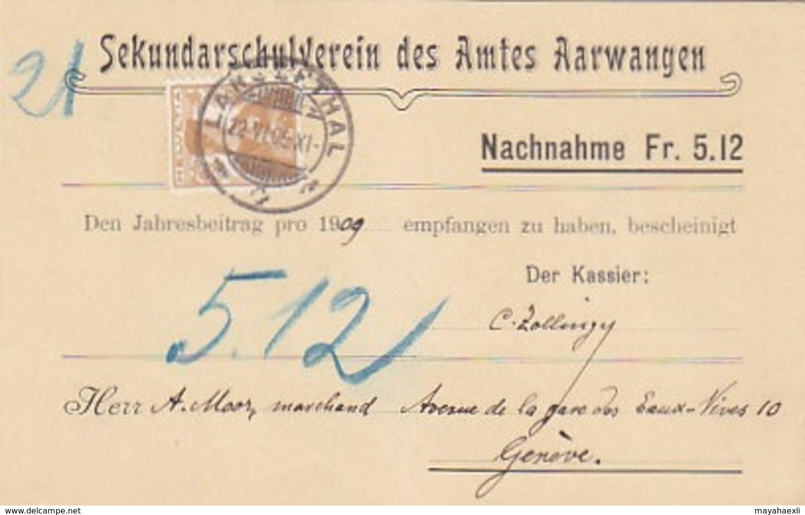Nachnahme Sekundarschulverein Amt Aarwangen - 1909            (91002) - Aarwangen