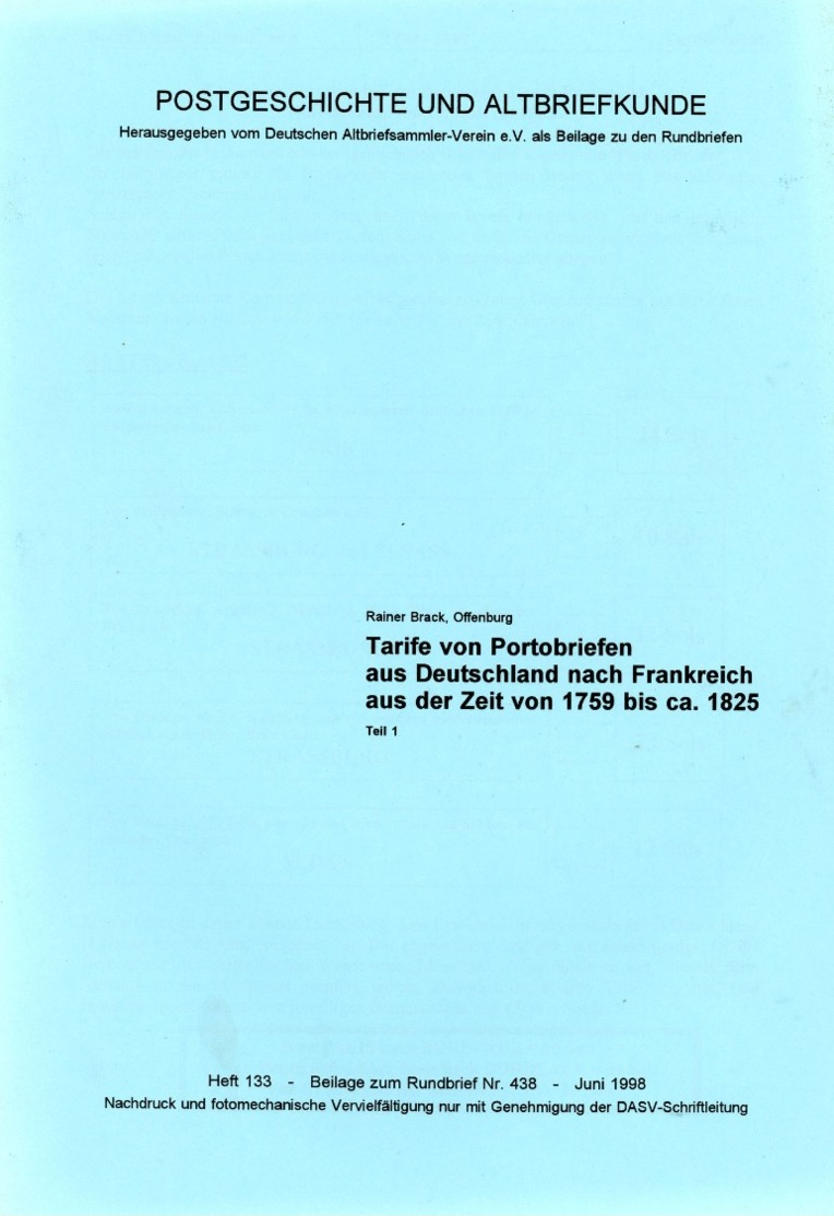 Tarife Von Portobriefen Deutschland - Frankreich 1759 - Ca. 1825  Von Rainer Brack (DASV) In PgA 133 Aus 1998 - Prefilatelia