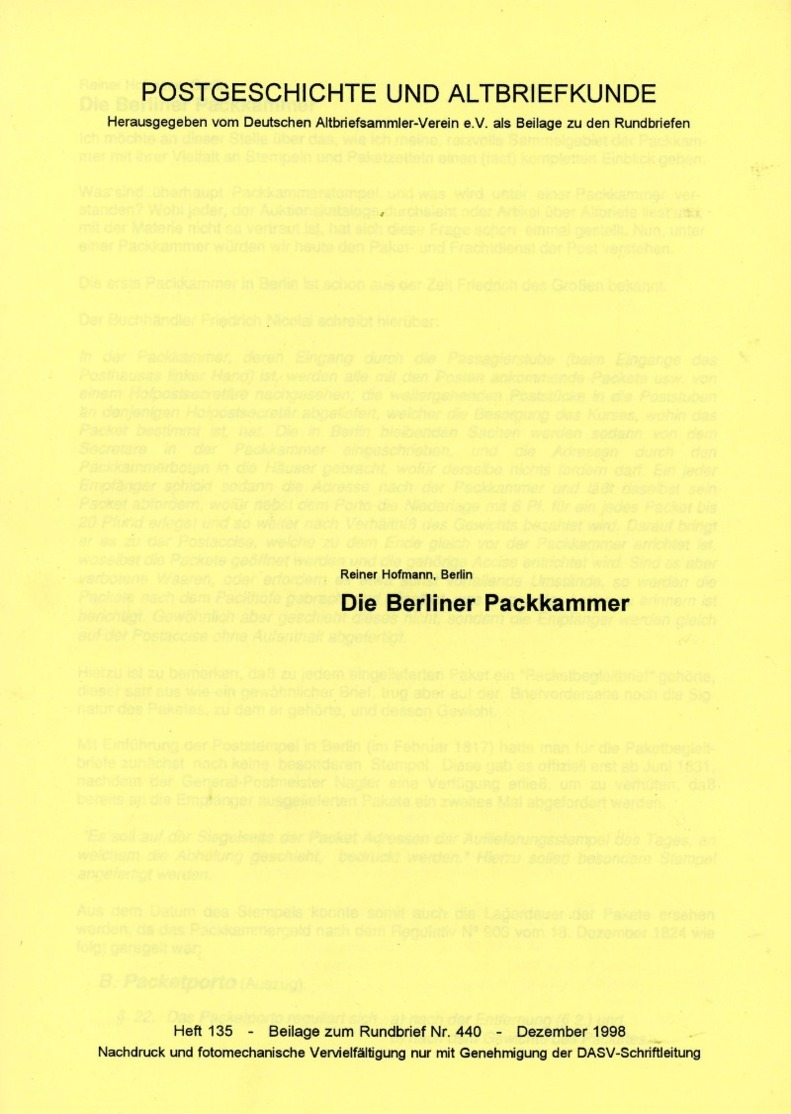 Die Berliner Packkammer (Fahrpost) Von Reiner Hofmann (DASV) In PgA 135 Aus 1998 - Precursores