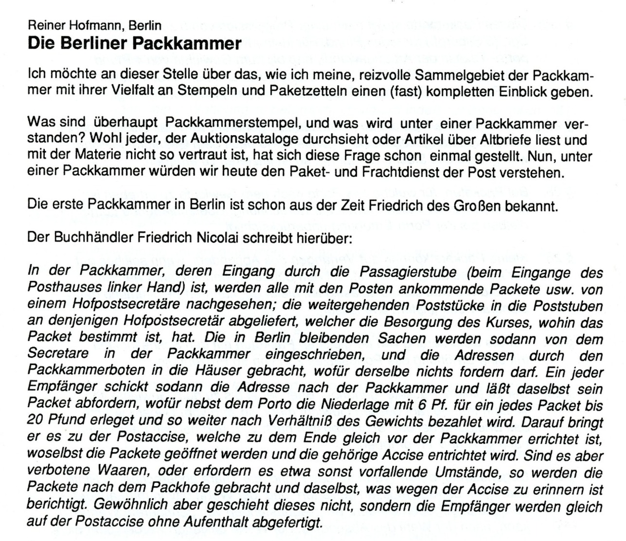 Die Berliner Packkammer (Fahrpost) Von Reiner Hofmann (DASV) In PgA 135 Aus 1998 - Vorphilatelie