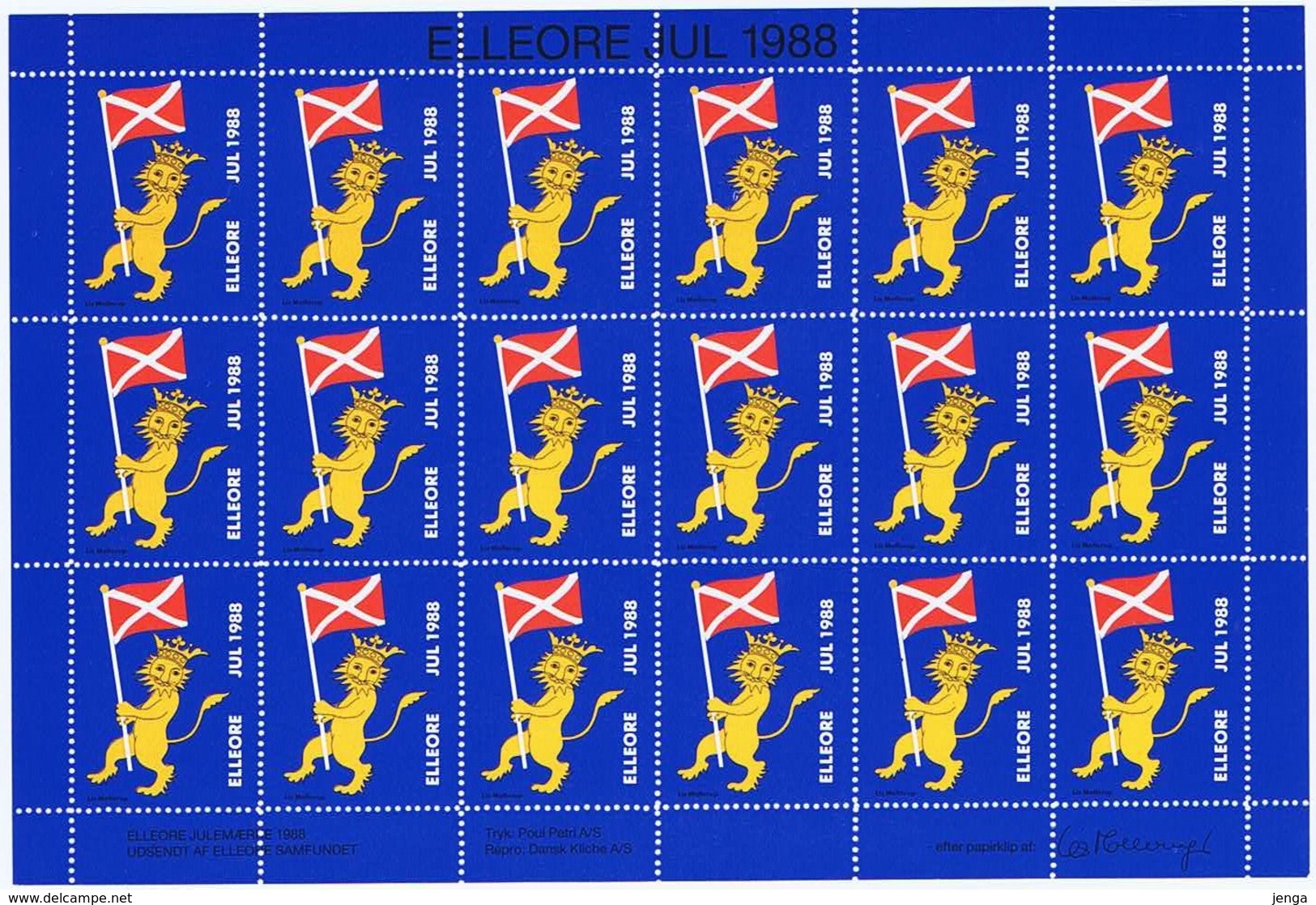 Denmark; Local Christmas Seals - Elleore, 1988, Full Sheet;  MNH **, Not Folded, - Fogli Completi