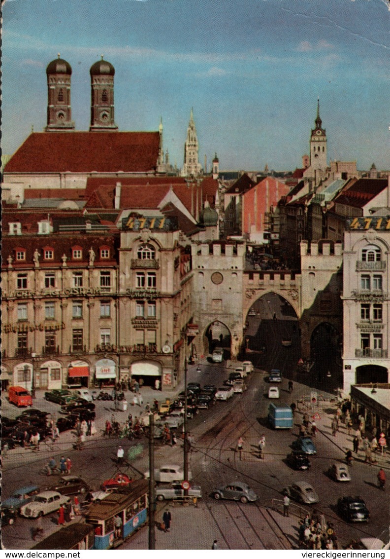 ! Moderne Ansichtskarte  München, Karlstor, Straßenbahn, Tramway, Autos, Cars, VW Käfer, Verkehr, 1959 Zürich-Jordanien - Briefe U. Dokumente