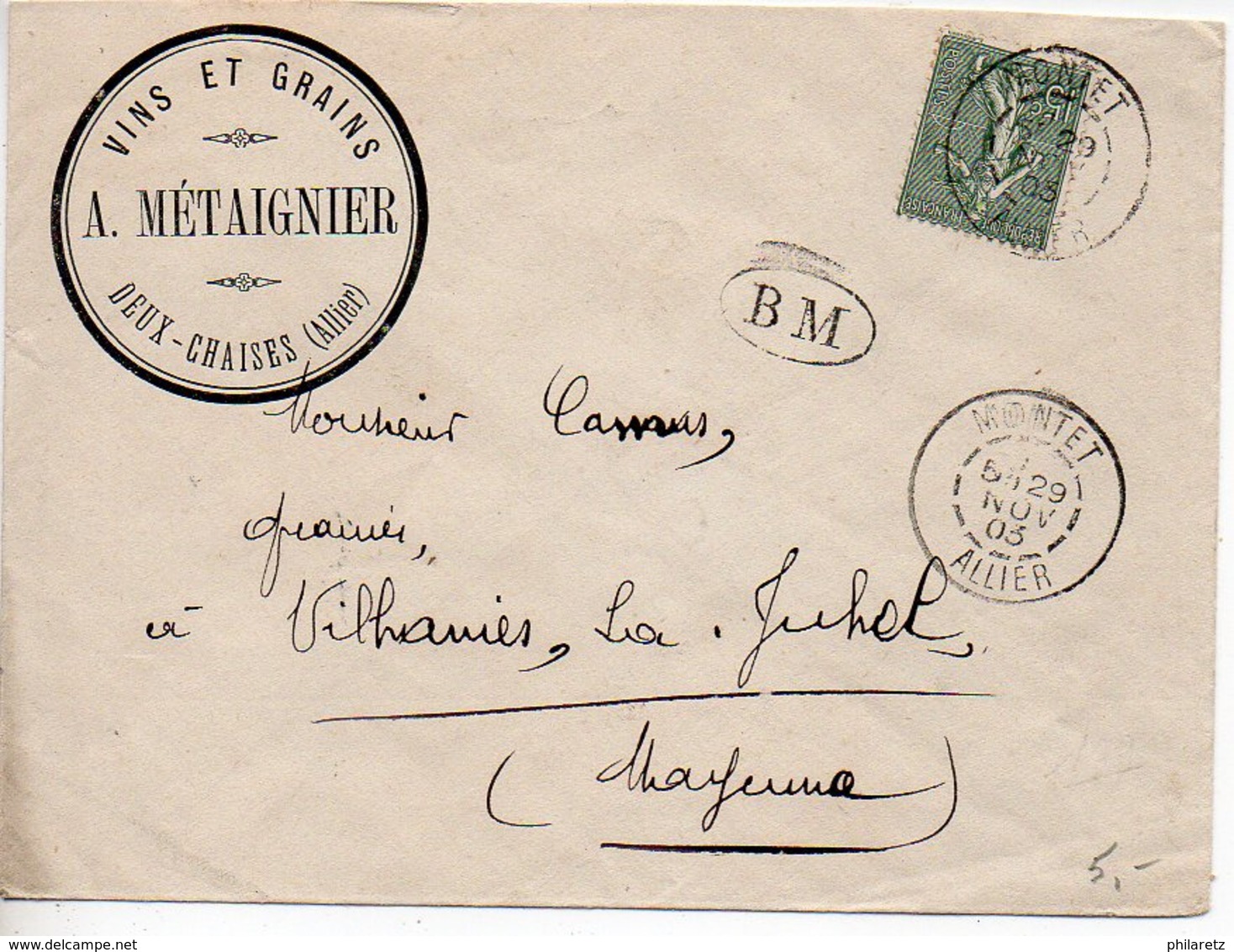 15c Semeuse Sur Lettre De 1903 - CaD 'Montet Allier' - Cachet BM - En-tête à 'Deux-Chaises Allier' - 1877-1920: Semi Modern Period