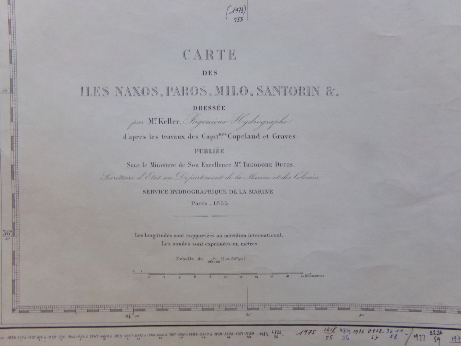 Carte Marine Cartonnée Des Iles Naxos Paros Milo Santorin Copeland Graves 1855 Editon De 1935 Rare 100 Par 80 Cm - Altri & Non Classificati