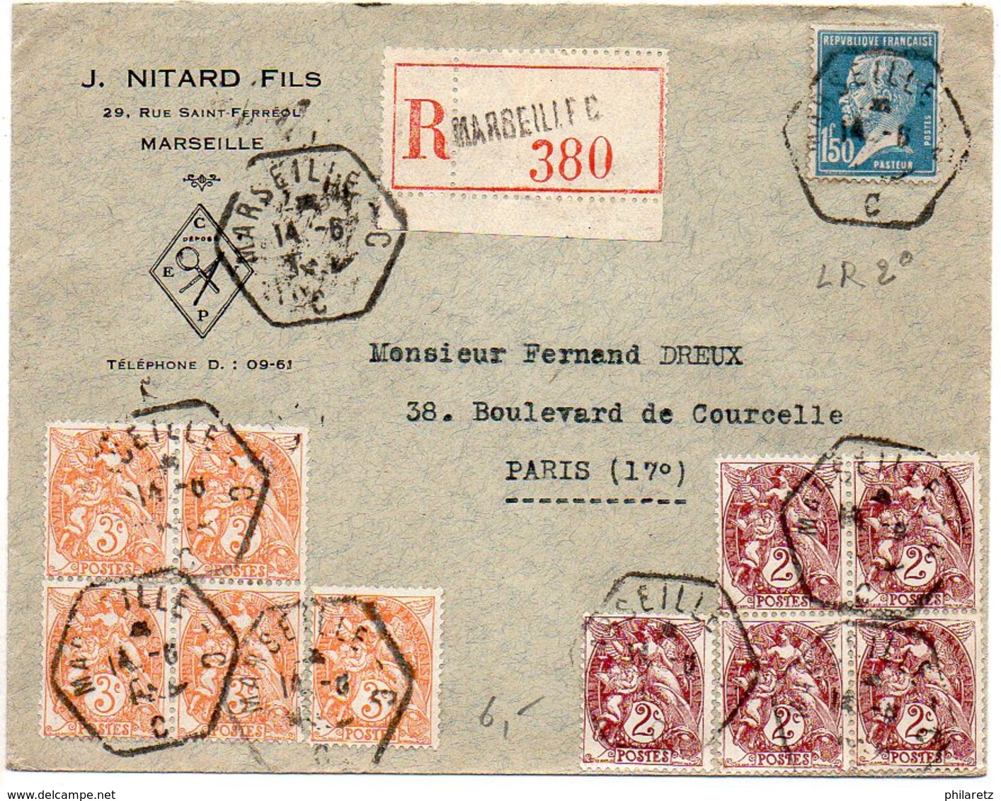 Bel Affranchissement Composé Blanc + Pasteur Sur Lettre Recommandée (2e échelon)  De 1931 - CaD Hexagonal De Marseille C - 1921-1960: Modern Period