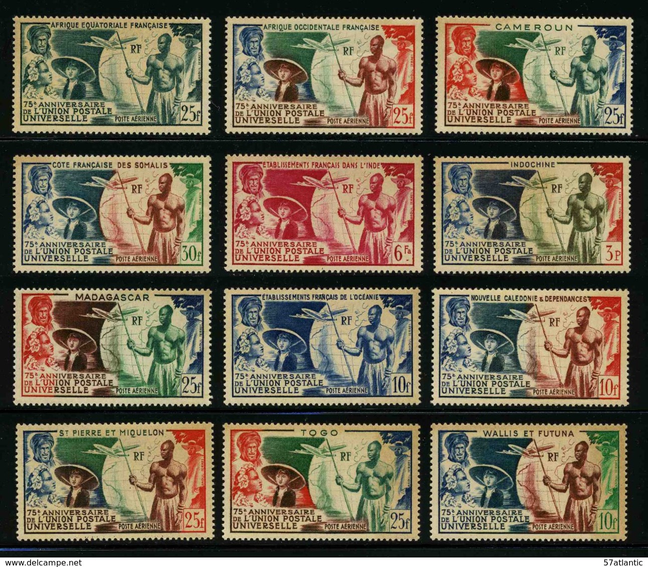 COLONIES FRANCAISES - GRANDE SERIE COLONIALE UPU 1949 - SERIE COMPLETE 12 TIMBRES NEUFS - 1949 75e Anniversaire De L'UPU