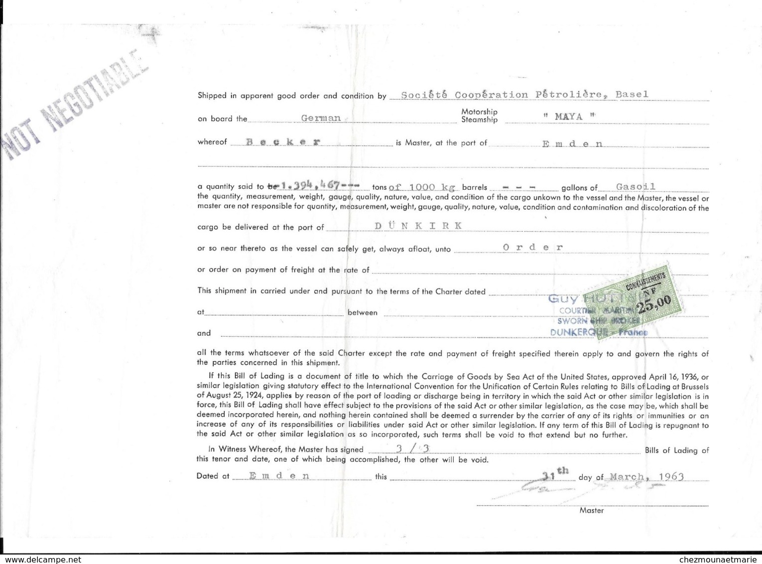 SOCIETE COOPERATION PETROLIERE GERMAN MAYA CAP BECKER PORT EMDEN DUNKERQUE 1963 CONNAISSEMENTS NF 25 - OBL GUY HUTTER - Autres & Non Classés