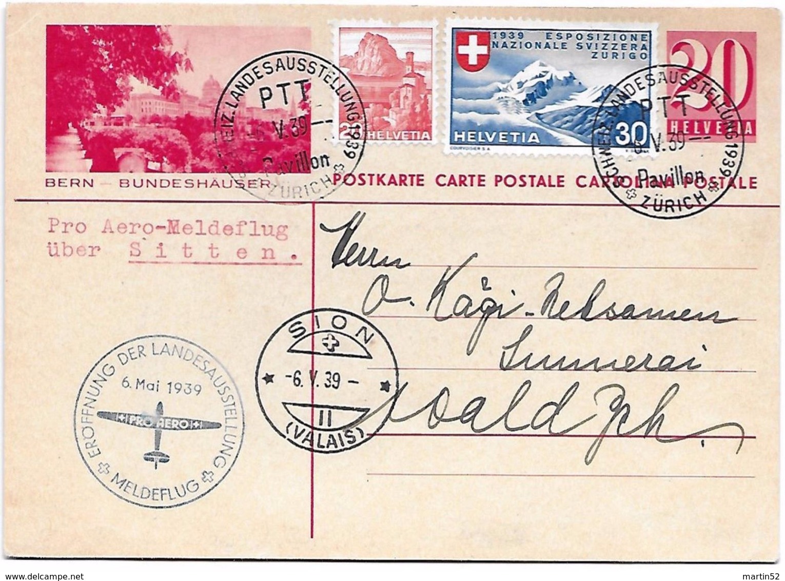 Schweiz Suisse 1939: Pro Aero Meldeflug PK CPI BERN BUNDESHÄUSER Zu 215+227 Mi 327+343 Yv 312+325 O ZÜRICH 6.V.39 > SION - First Flight Covers