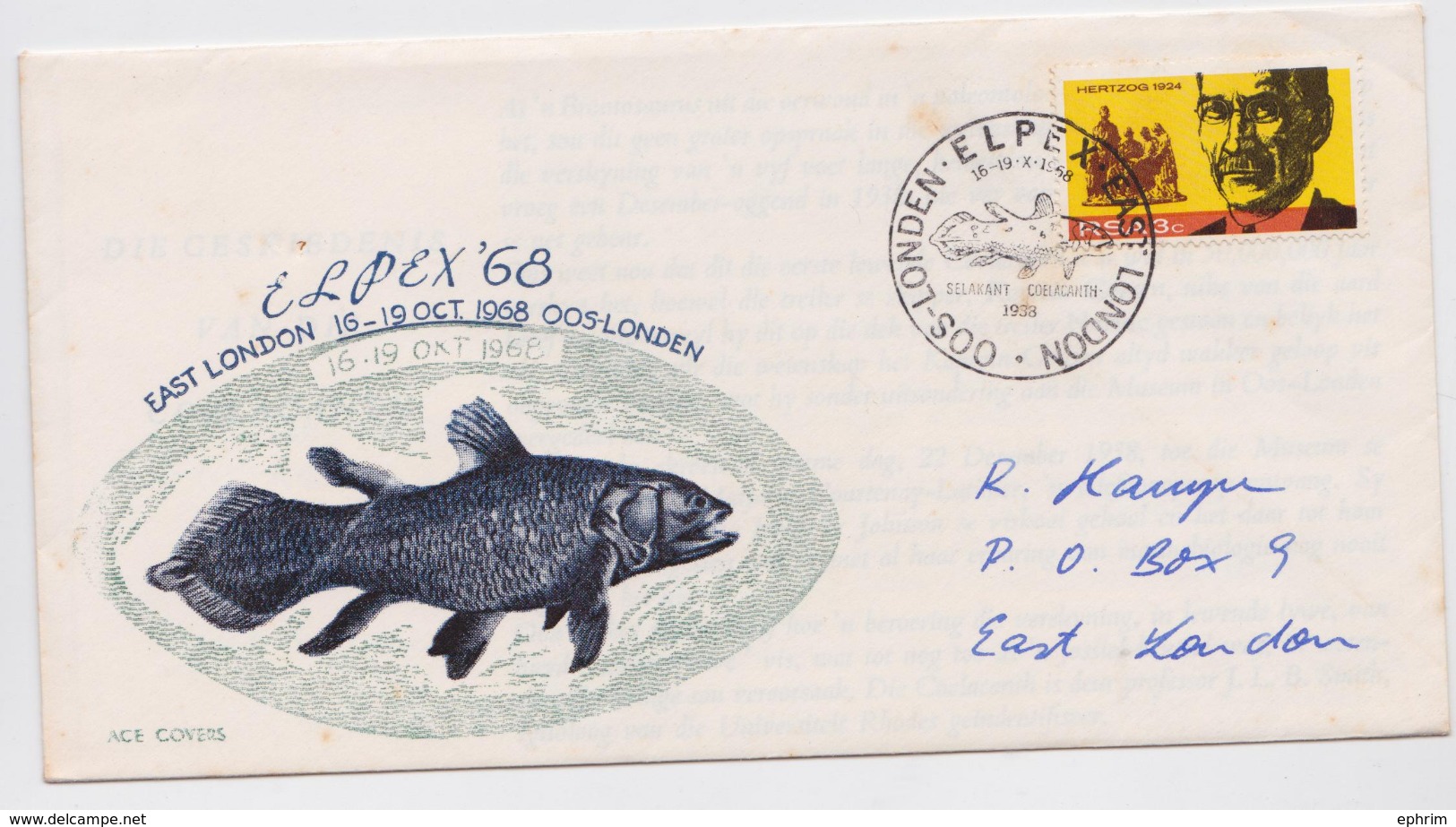 ELPEX EAST LONDON 1968 SOUTH AFRICA ENVELOPPE POISSON FOSSILE COELACANTHE - FOSSIL COELACANTH FISH COMMEMORATIVE COVER - Fossilien