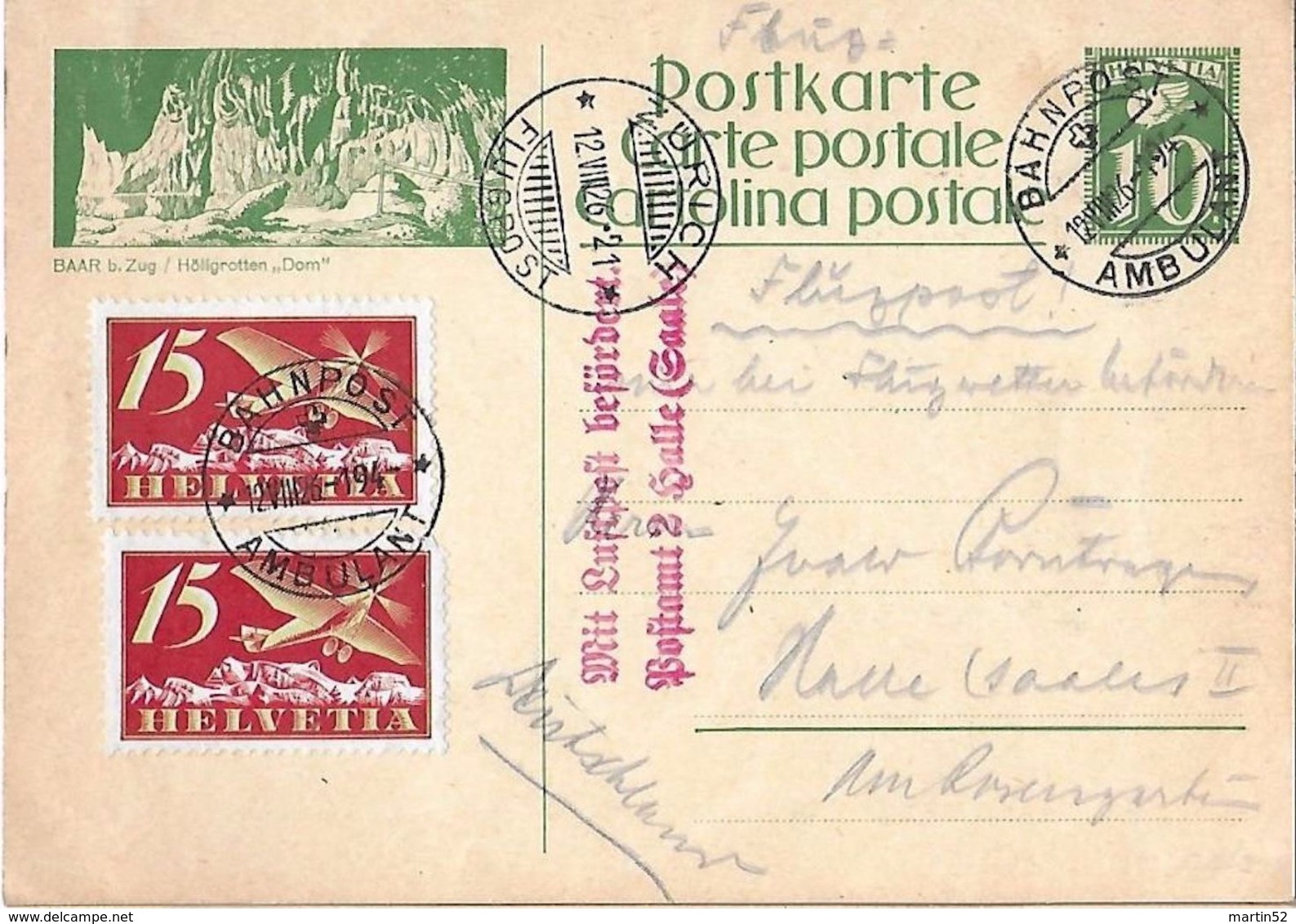 Schweiz Suisse 1926: Bild-PK CPI "BAAR B.Zug/Höllgrotten "Dom" Zu Flug 3 Mi 179 Yv PA3 O LUFTPOST & BAHNPOST 12.VIII.26 - Entiers Postaux