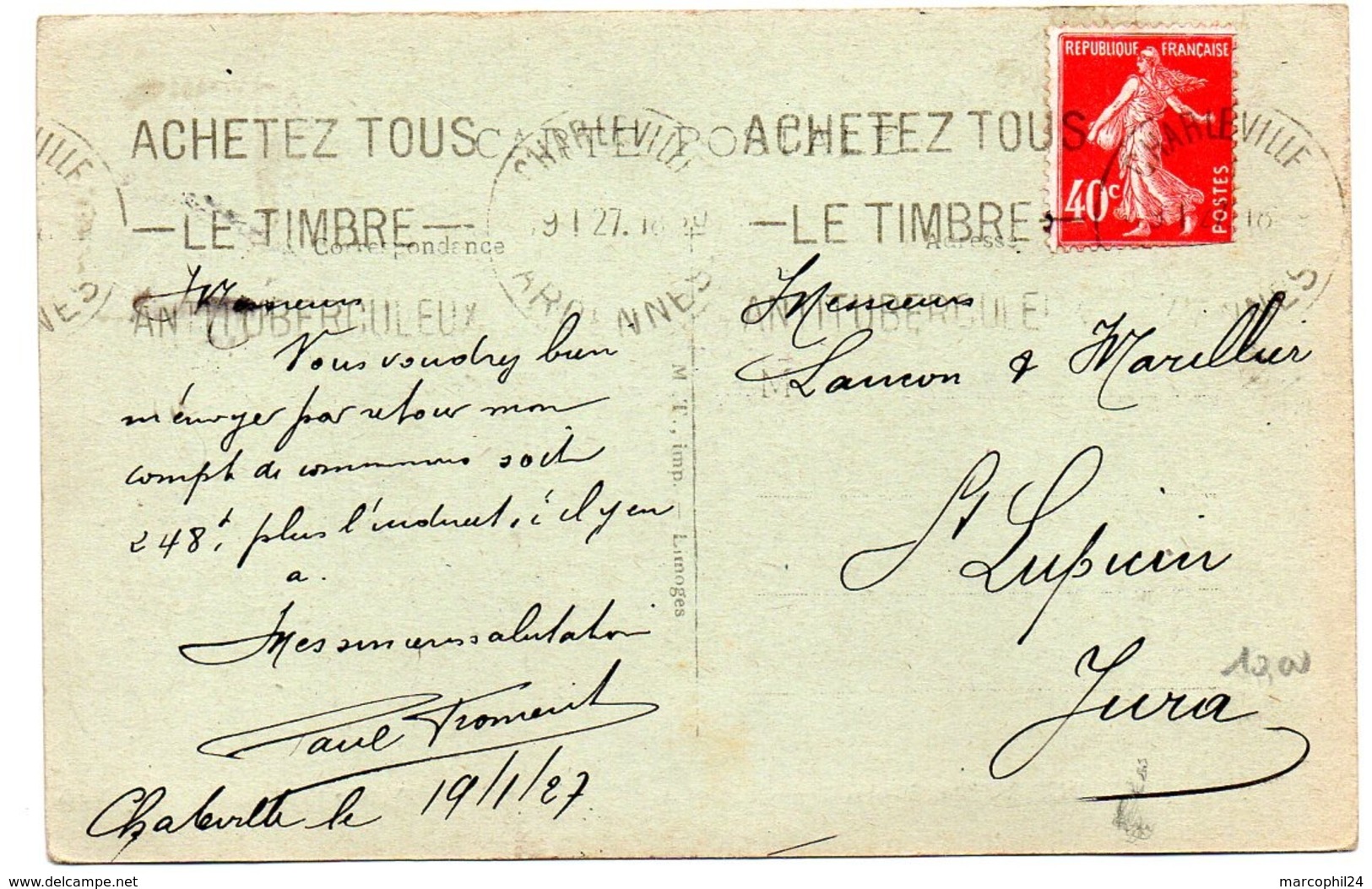 ARDENNES - Dépt N° 08 = CHARLEVILLE 1927 =  Flamme KRAG ' ACHETEZ TOUS / TIMBRE ANTITUBERCULEUX ' - Mechanical Postmarks (Advertisement)