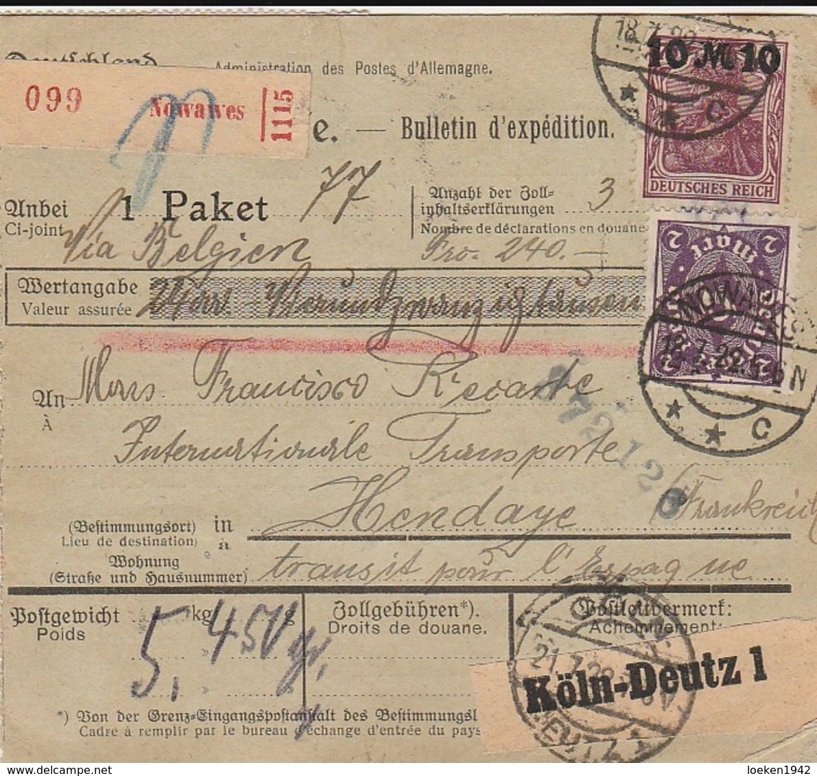 DR INFLA 1922  PAKETKARTE  NOWANES  HENDAYE       PK83 - Briefe U. Dokumente