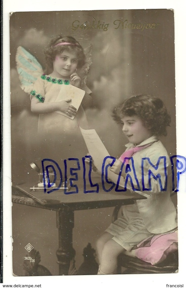 Photographie Montage. Gelukkig Nieuwjaar. Petit Garçon Qui écrit. En Médaillon : Petite Fille (ange). 1916 - Sonstige & Ohne Zuordnung