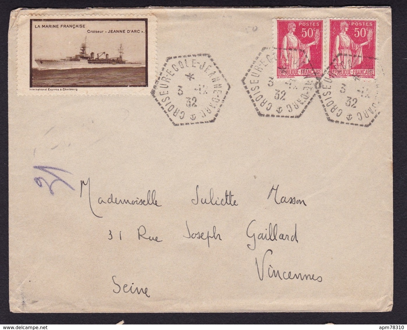 France	1932	Usage		Enveloppe Postée Sur Le Croiseur école Jeanne D'Arc - 1921-1960: Periodo Moderno