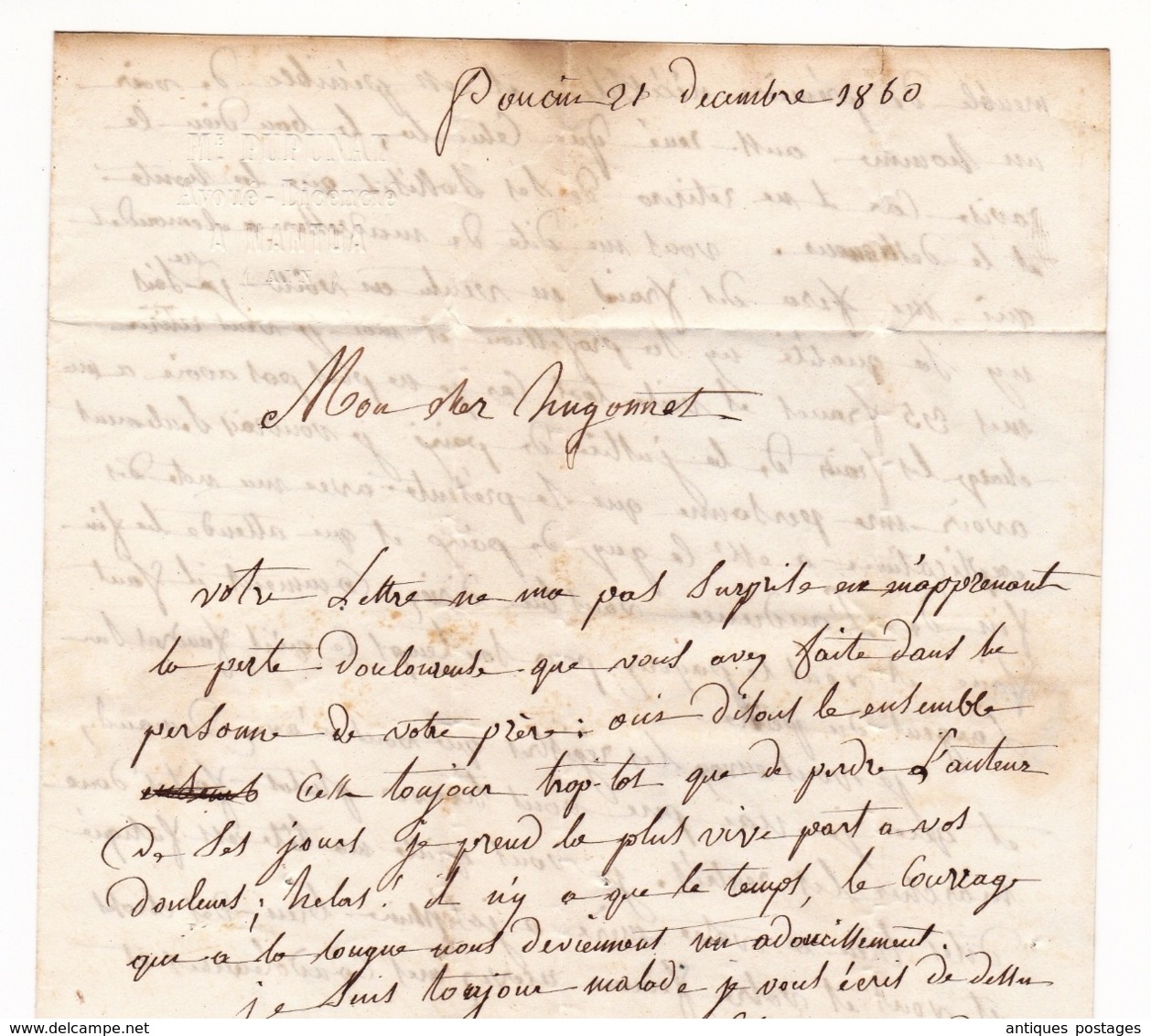 Lettre 1860 Poncin Ain Nantua Dupunat Avoué
