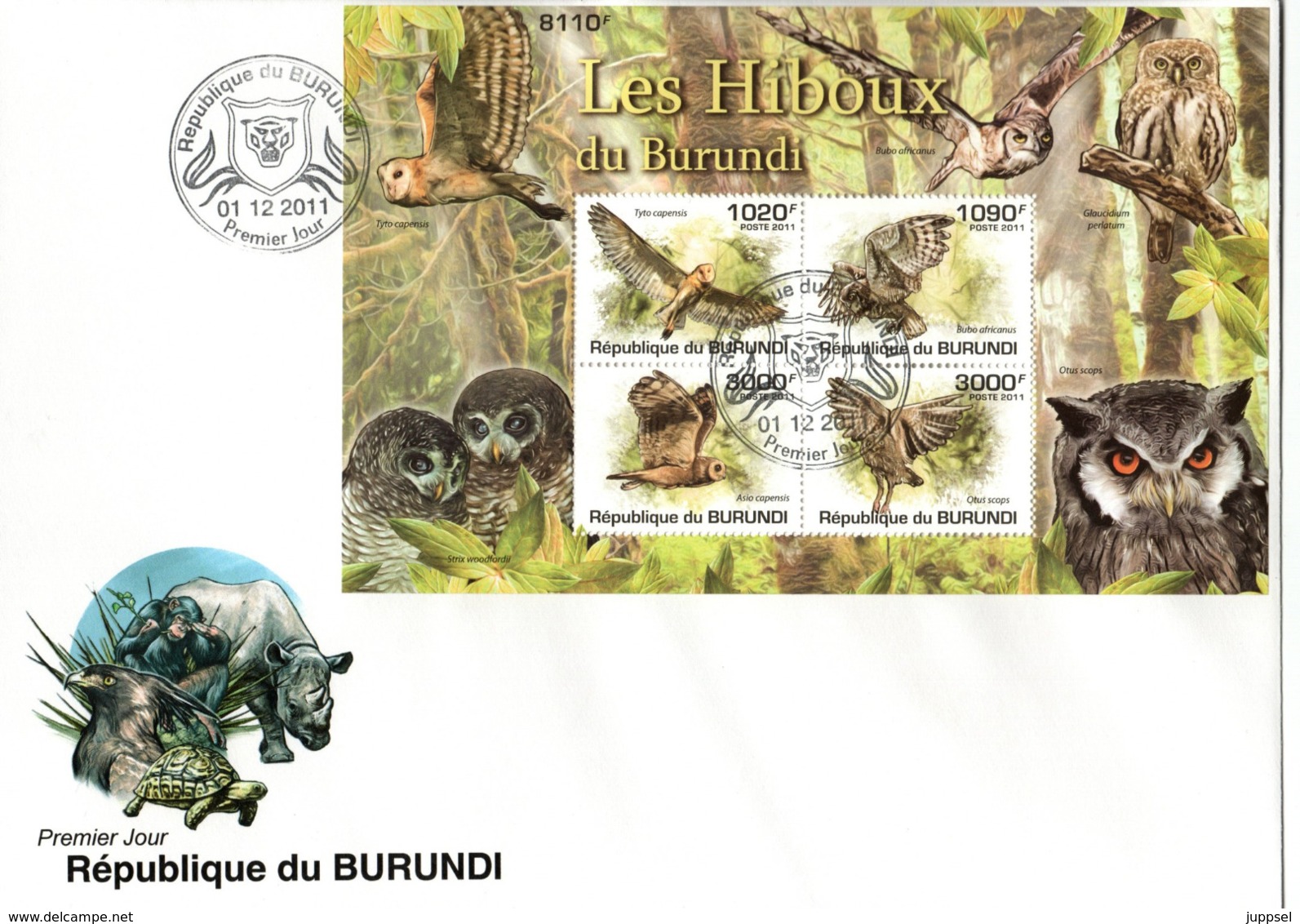 BURUNDI ,   FDC,   Owls   /       Lettre De Première,   Hiboux, Chouettes   2011 - Eulenvögel