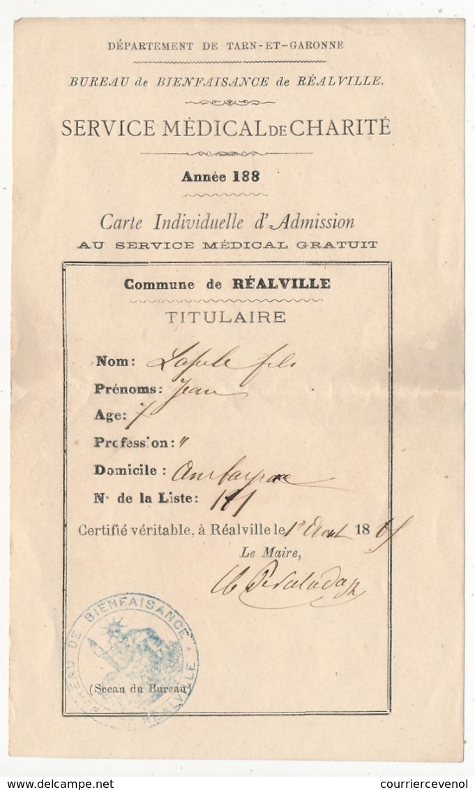 REALVILLE (Tarn Et Garonne) - Bureau De Bienfaisance - Service Médical De Charité -  Service Médical Gratuit 1868 - Documents Historiques