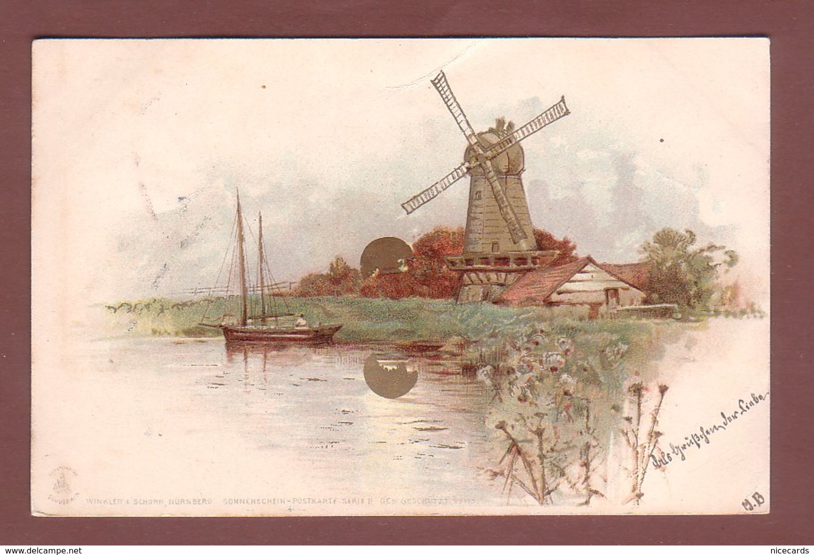 MOULIN - Bateau Et Soleil - 1899 - Sonnenschein-Postkarte // Petit Pli En Haut // - Molinos De Viento