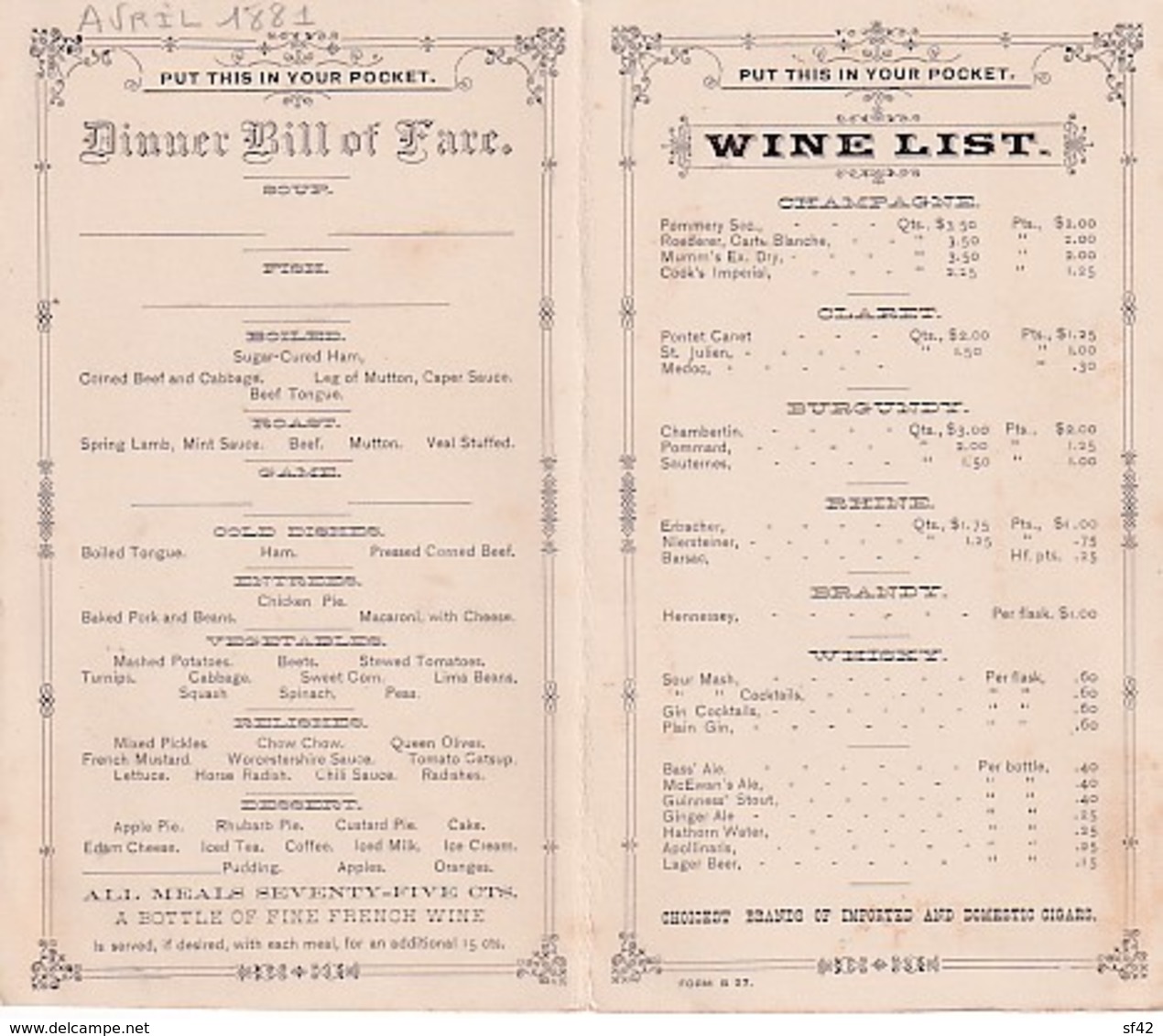 BILL OF FARE    ON THE ROCK ISLAND ROUTE         DINNER BILL OF FARE  + WINE LIST - Menus