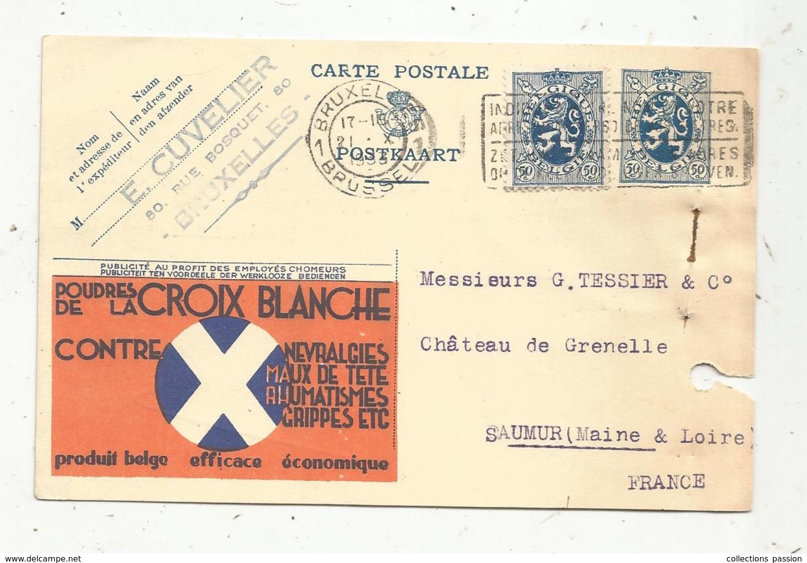 Entier Postal , Carte Illustrée , BRUXELLES , BRUSSEL , 1933,poudres De La CROIX BLANCHE , E. Cuvelier, Belgique - Cartes Postales Illustrées (1971-2014) [BK]