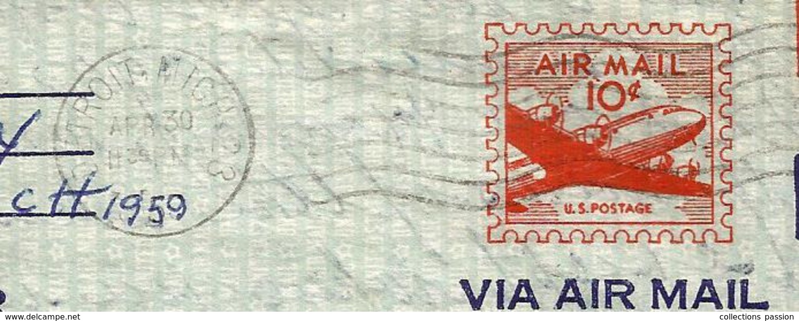 Entier Postal AIR MAIL Sur Lettre , Etats Unis , DETROIT MICH 23 ,1959 , Aerogramme ,Air Letter ,2 Scans - 1941-60