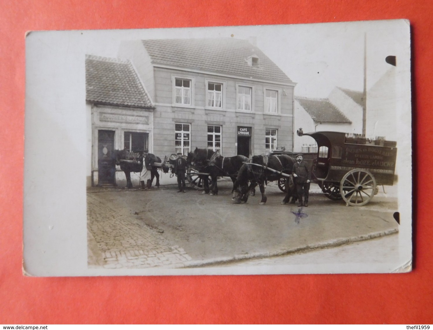 Carte Photo Brasseur Jean Loze Jauche Devant Café Lyrique- Vrancken / Attelage & Boucherie Lacroix - Orp-Jauche