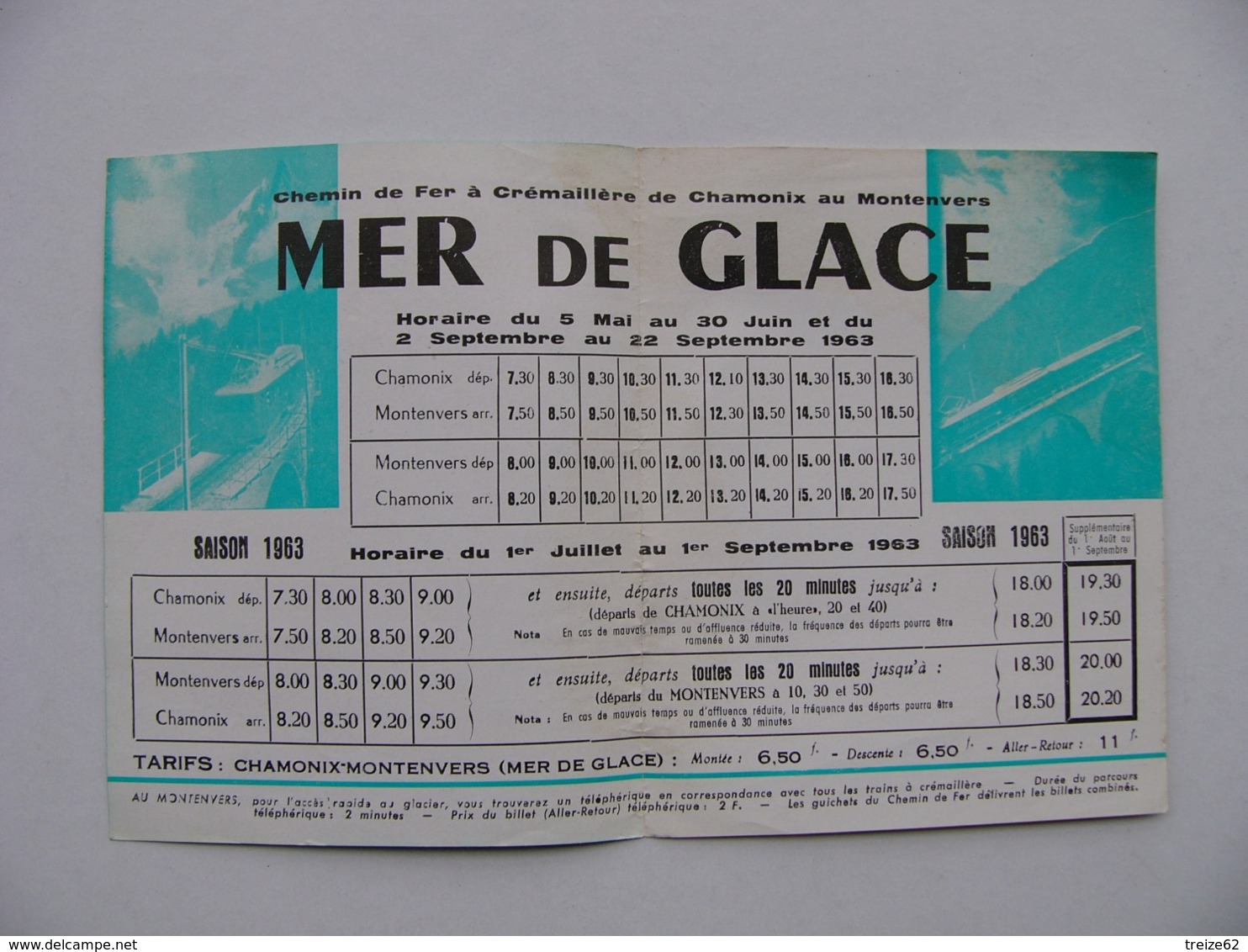 Dépliant Mer De Glace Chamonix Mont Blanc  Chemin De Fer à Crémaillère Horaires De La Saison 1963 - Dépliants Touristiques