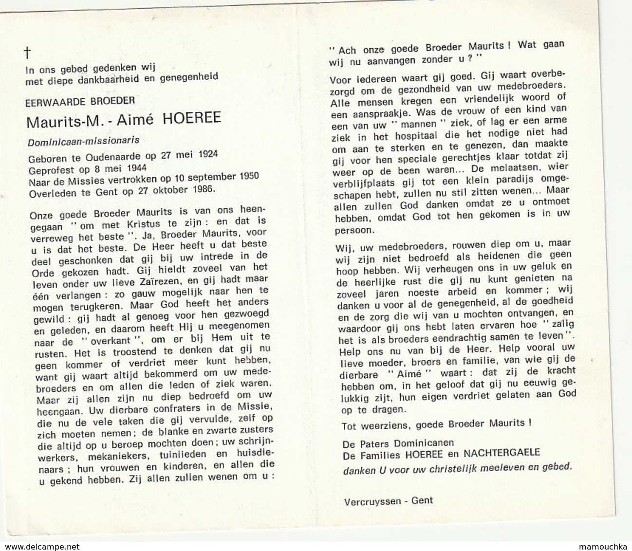 Doodsprentje Broeder Maurits M. Aimé HOEREE Dominicaan-missionaris Oudenaarde 1924 Missie  Zaïre Gent 1986 - Images Religieuses