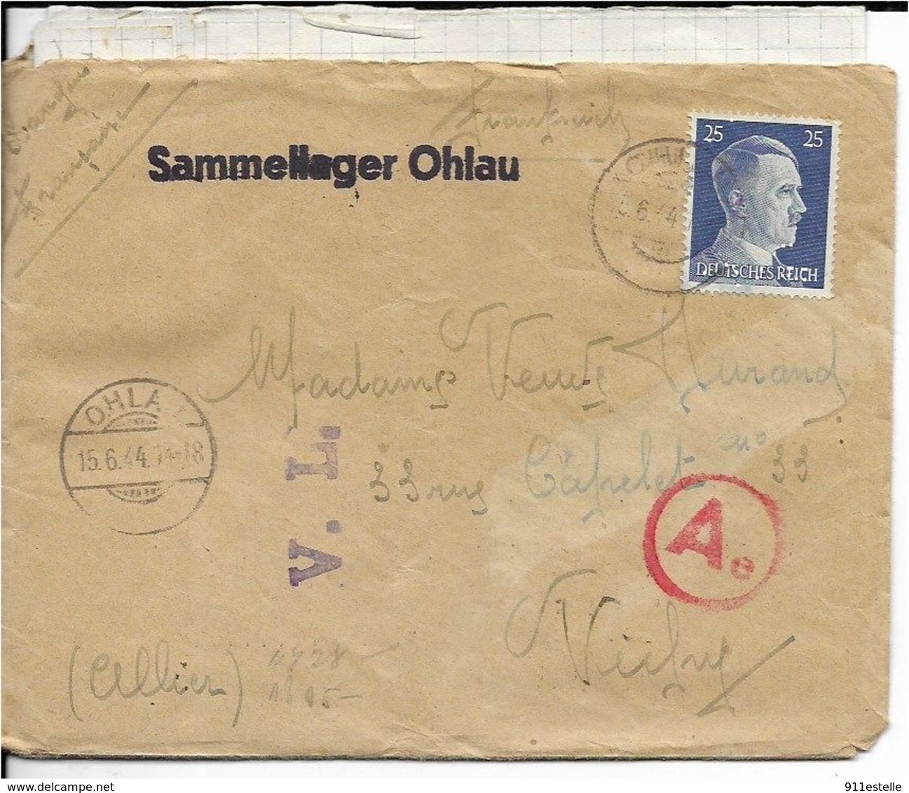 Pologne   LETTRE De OHLAU  Pour VICHY  En 1944, AVEC COURRIER .  BANDE CENSURE - Covers & Documents