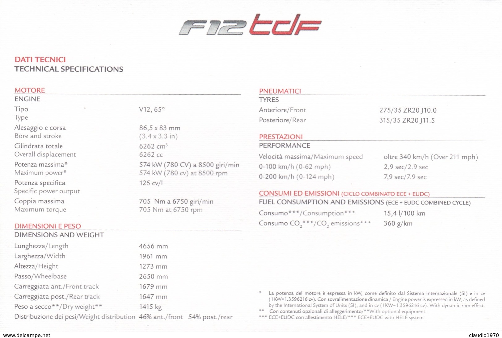 FERRARI F12 TDF - SCHEDA TECNICA - TECHNICAL SPECIFICATIONS - Automobile - F1