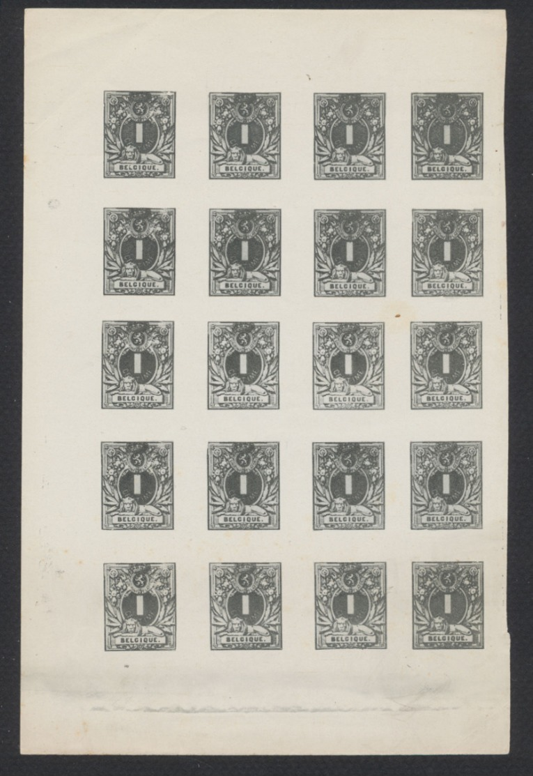 Essai Type "lion Couché" (1869 - 1878) 1 Centime Type I En Noir Sur Papier Blanc (Feuillet Non Découpé De 20 Exemplaires - Essais & Réimpressions