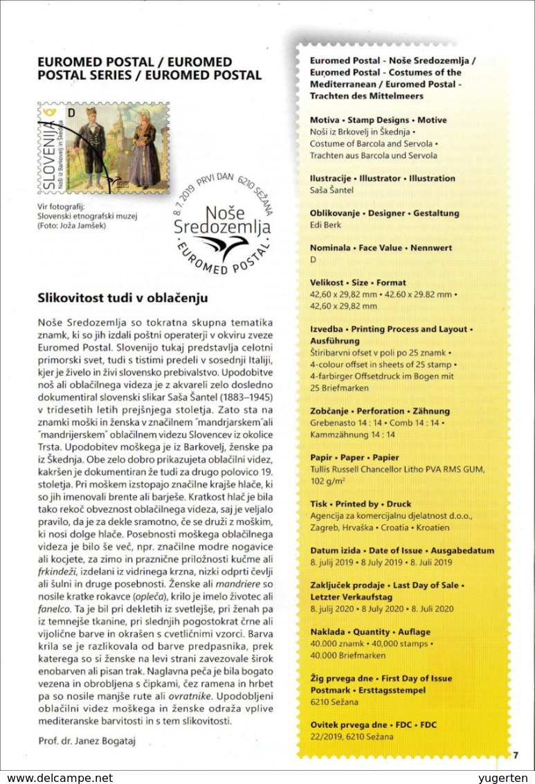 SLOVENIA 2019 - 2 Bulletin Cut Pages - Joint Issue EUROMED Postal Mediterranean Costumes Kostüme Trajes - 3 Scans - Emissions Communes