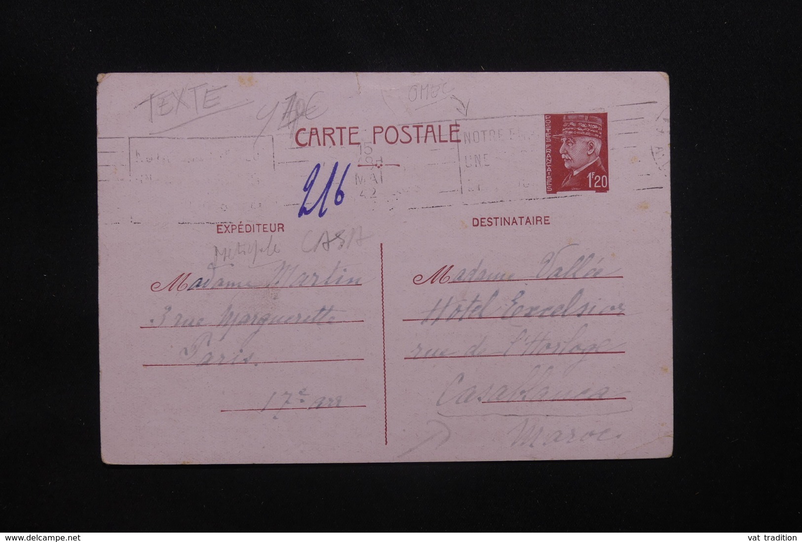 FRANCE - Entier Postal Type Pétain De Paris Pour Casablanca En 1942 - L 43043 - Cartes Postales Types Et TSC (avant 1995)