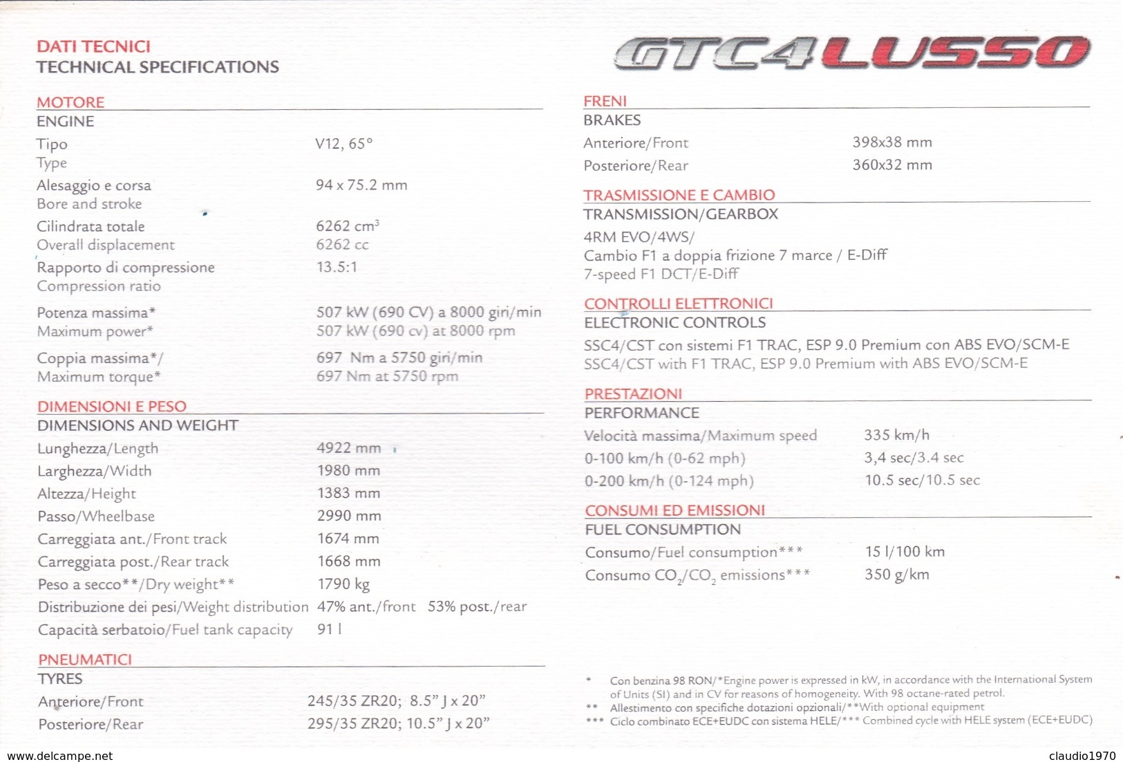 FERRARI GTC4 LUSSO - SCHEDA TECNICA - TECHNICAL SPECIFICATIONS - Automobile - F1