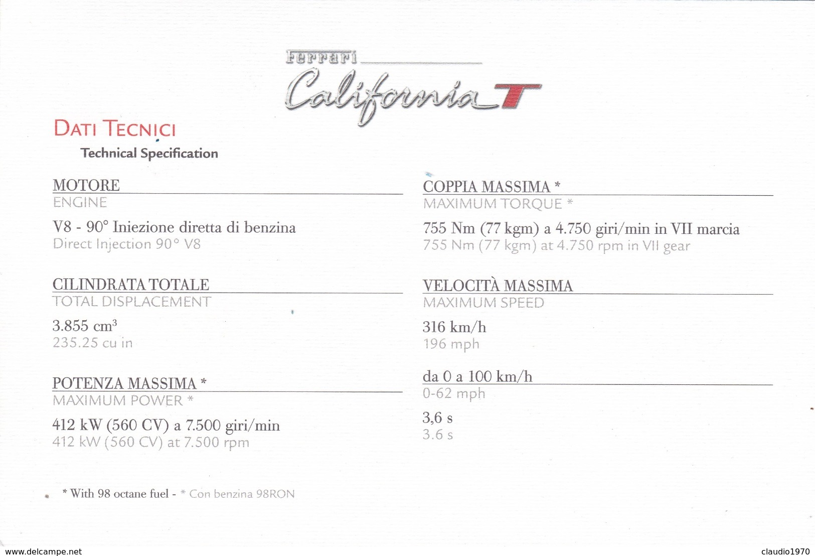 FERRARI CALIFORNIA T - SCHEDA TECNICA - TECHNICAL SPECIFICATIONS - Car Racing - F1