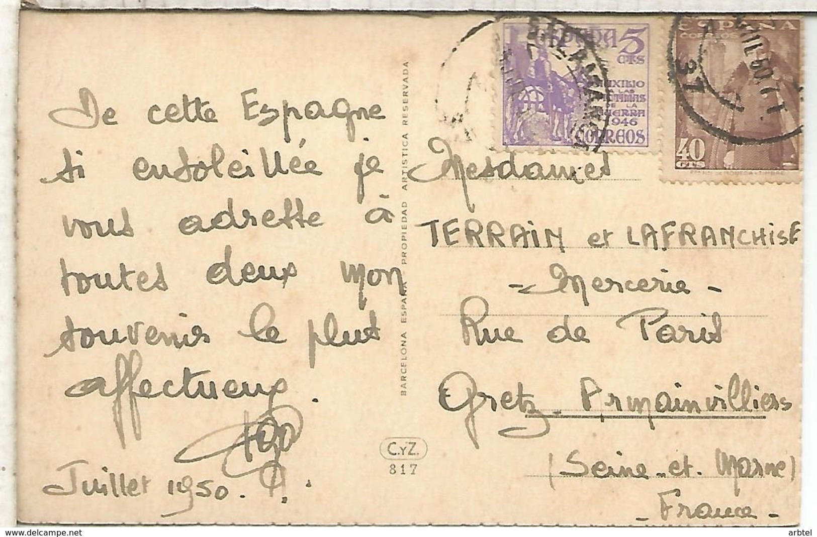 SALAMANCA TP A FRANCIA 1950 SELLO FRANCO LA MOTA Y CID VICTIMAS GUERRA - Cartas & Documentos