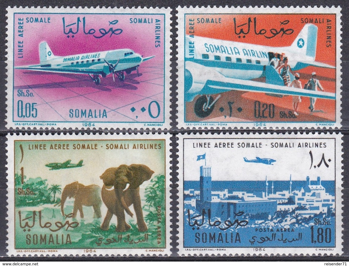 Somalia 1964 Transport Luftfahrt Aviation Flugzeuge Aeroplanes Planes Elefanten Elephants Städte Towns, Mi. 64-7 ** - Somalia (1960-...)