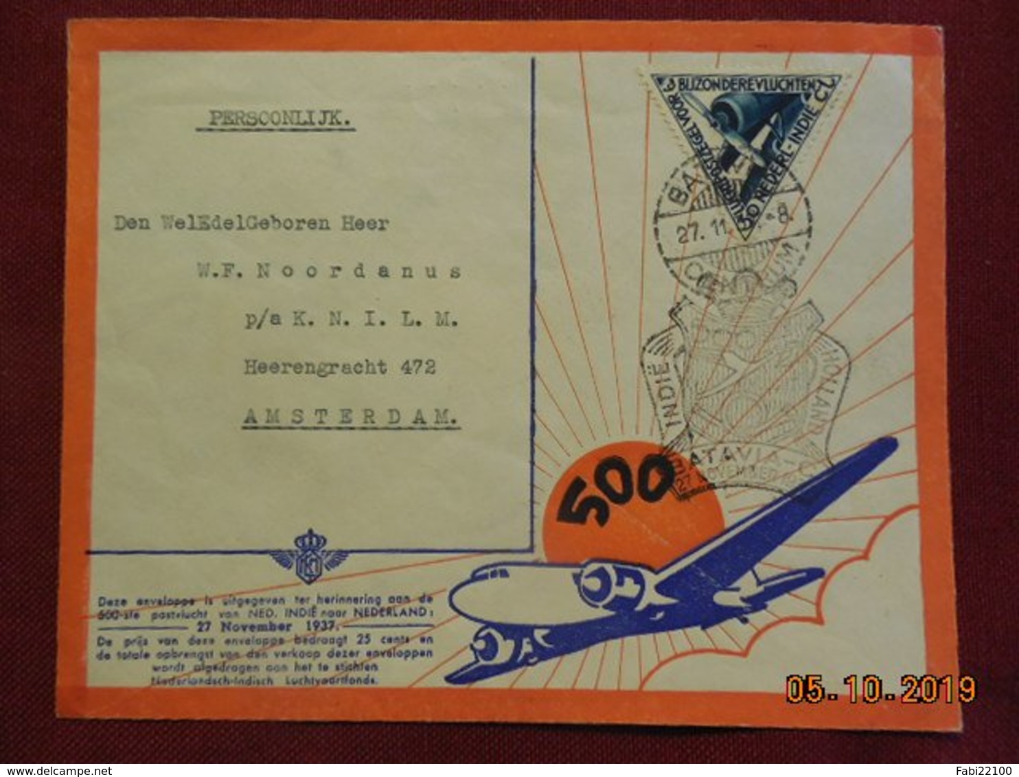 Lettre En Poste Aerienne De Batavia à Destination D'Amsterdam De 1937 - Niederländisch-Indien