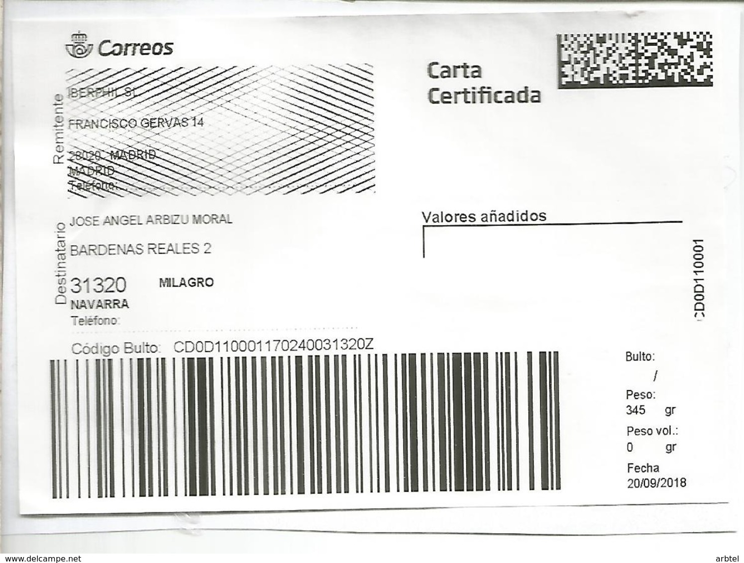 MADRID ETIQUETA ELECTRONICA CARTA CERTIFICADA CODE LABEL REGISTERED LETTER - Cartas & Documentos