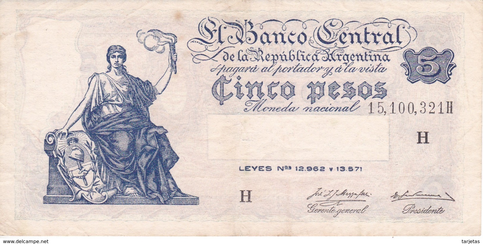 BILLETE DE ARGENTINA DE 5 PESOS LEYES Nº 12962 Y 13571 SERIE H  (BANKNOTE) DIFERENTES FIRMAS - Argentina