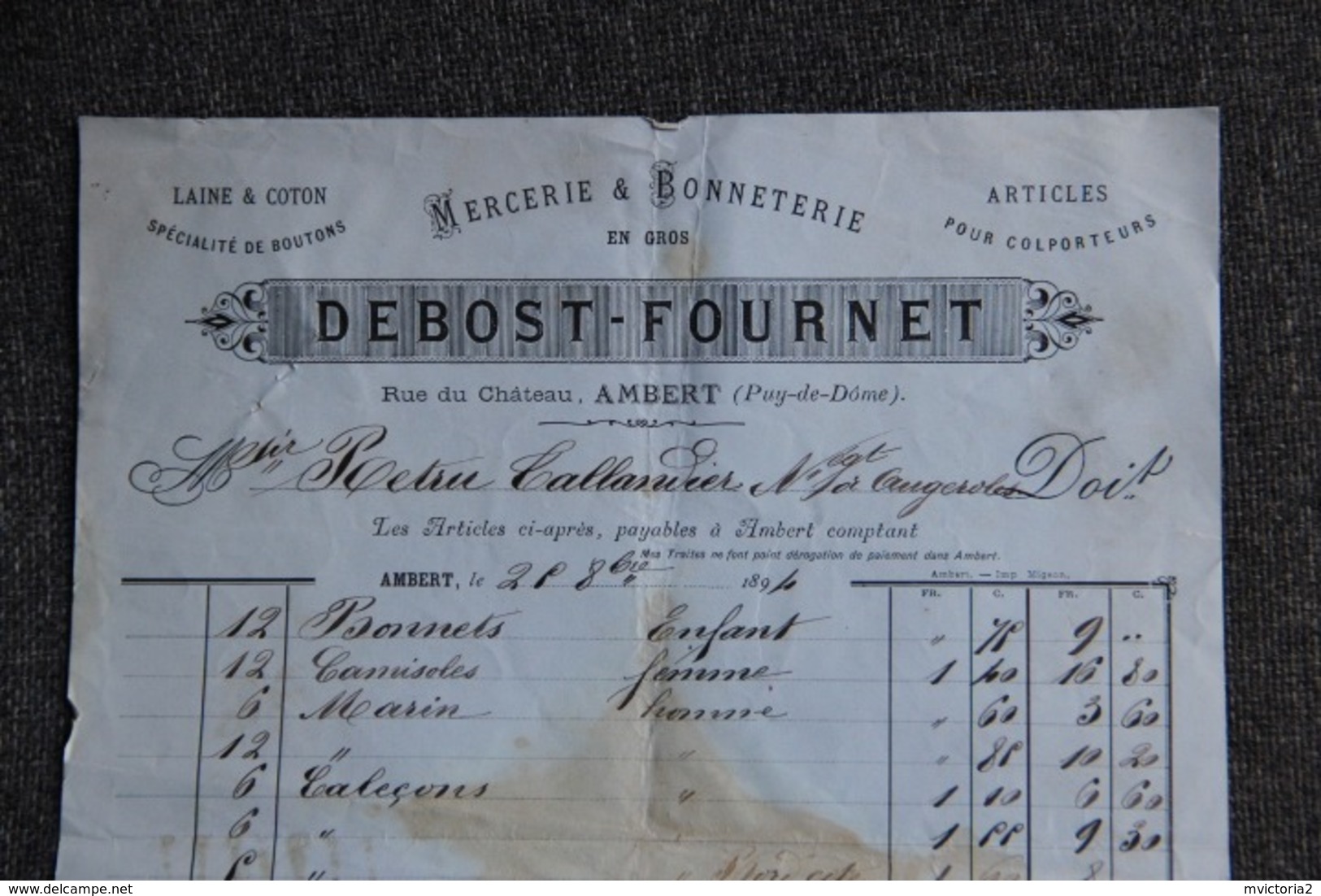 Facture Ancienne - AMBERT , DEBOST FOURNET : Mercerie Et Bonneterie. - 1800 – 1899