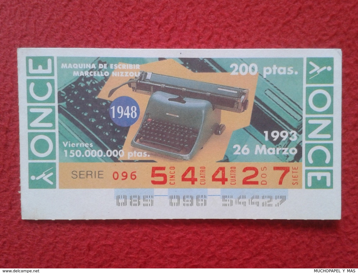 SPAIN CUPÓN DE ONCE OLD SPANISH LOTTERY LOTERÍA ESPAÑA LOTERIE 1993 MÁQUINA DE ESCRIBIR MARCELLO NIZZOLI 1948 TYPEWRITER - Billetes De Lotería