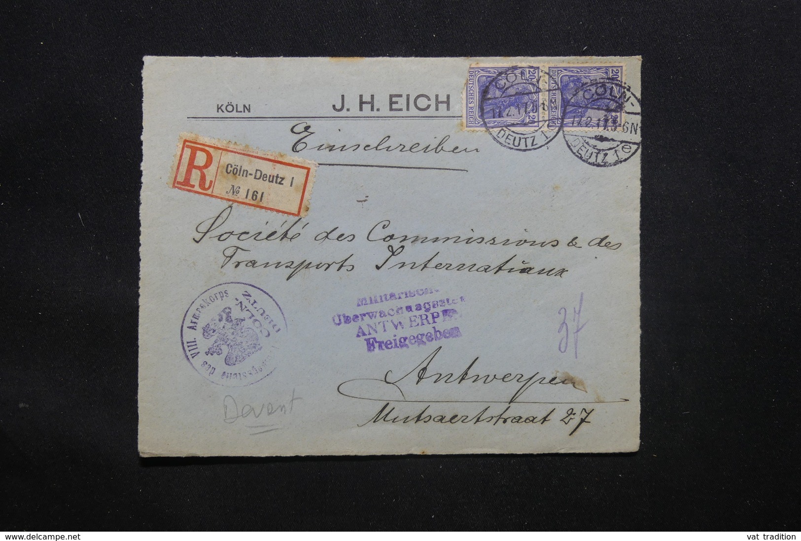ALLEMAGNE - Enveloppe ( Devant ) En Recommandé De Cöln En 1917 Pour Anvers Avec Cachet De Contrôle - L 43057 - Lettres & Documents