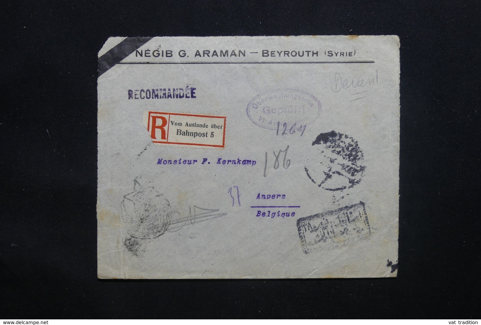 ALLEMAGNE - Enveloppe ( Devant ) En Recommandé De Beyrouth Pour Anvers Avec Marque De Contrôle Postal (1914/18)- L 43058 - Other & Unclassified