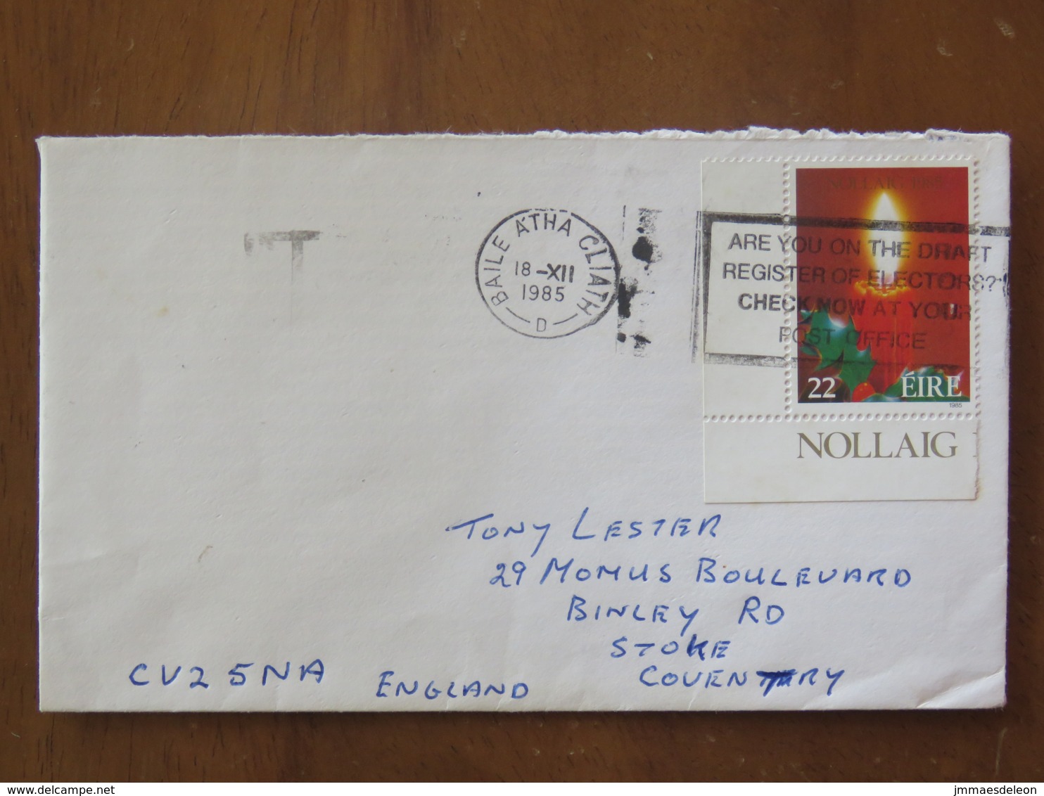 Ireland 1985 Cover Baile Atha To England - Christmas Candle - Elections Slogan - Lettres & Documents