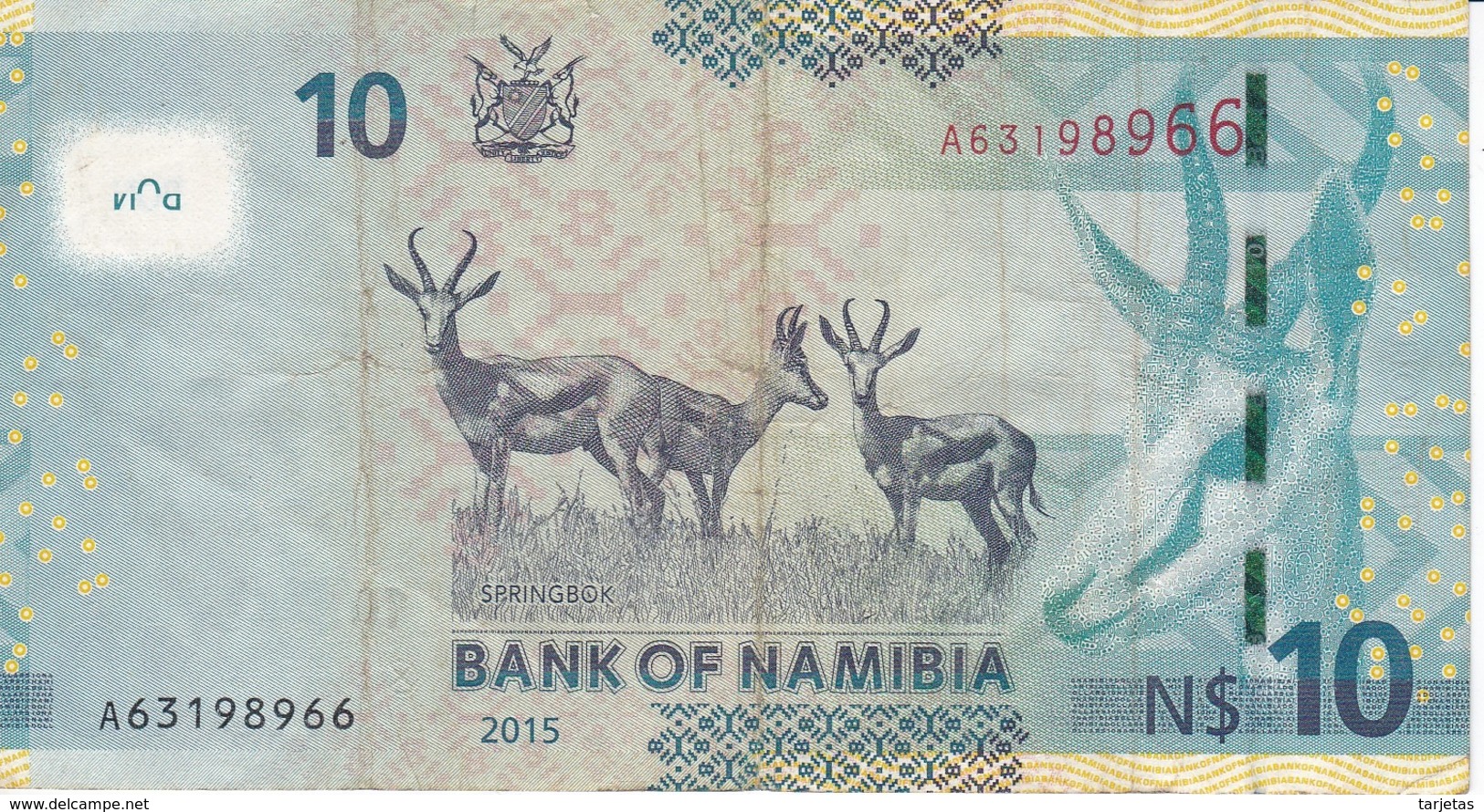 BILLETE DE NAMIBIA DE 10 DOLLARS DEL AÑO 2015 (BANKNOTE) GACELA-DEER - Namibië