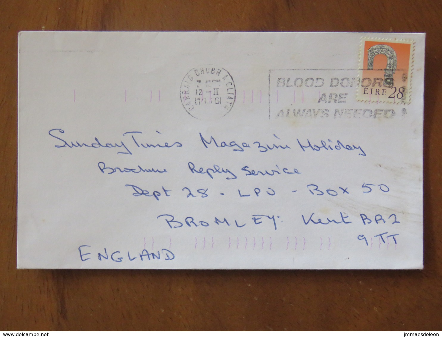 Ireland 1996 Cover Carraig Chubh A Cliath To England - Lismore Crosier - Blood Donors Slogan - Lettres & Documents