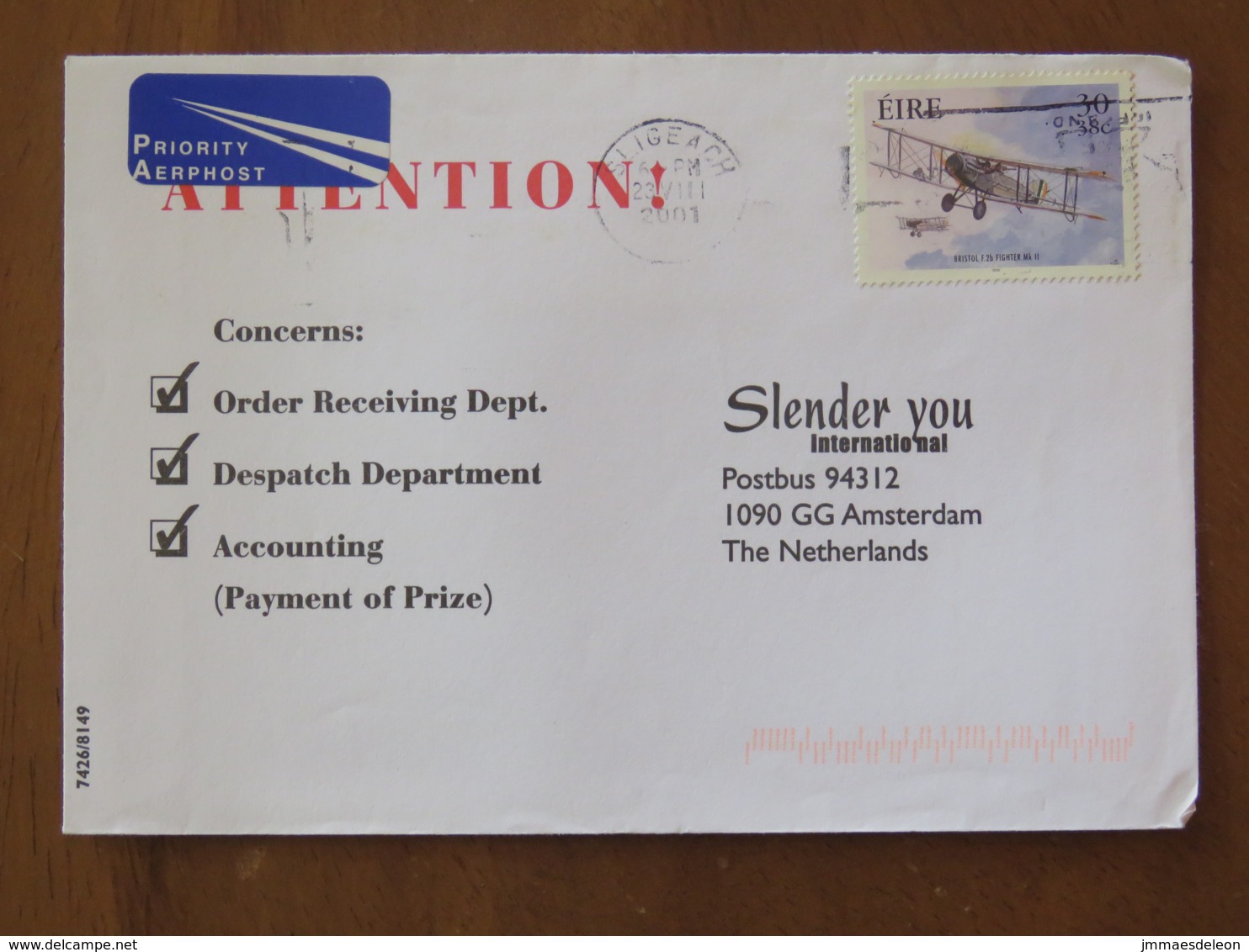 Ireland 2001 Cover Slige Ach To Holland - Plane - Lettres & Documents