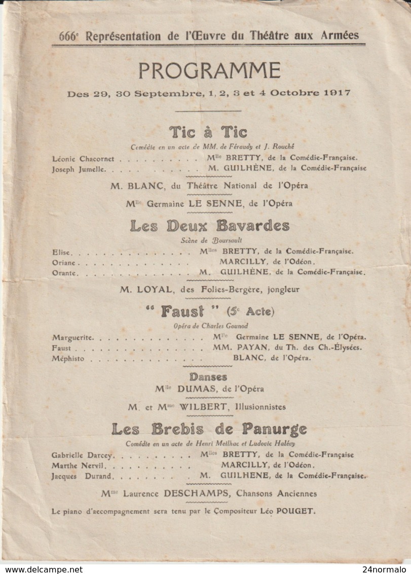 Guerre De 14-18 : Programme Du Théatre Aux Armées De La République 1917 - Documents Historiques